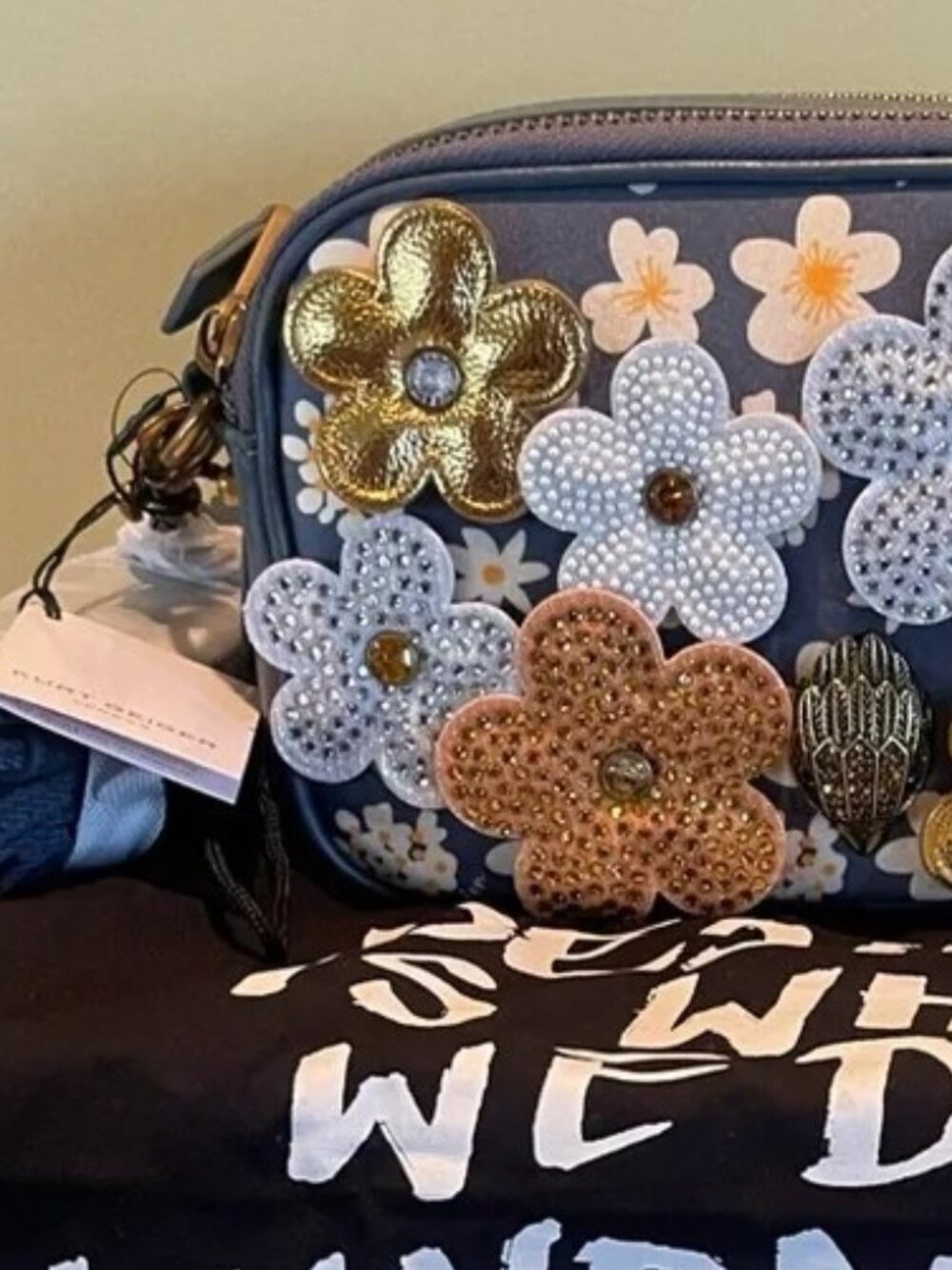 Kurt Geiger Kensington Daisy Camera Bag Blue Gold White Floral NWT